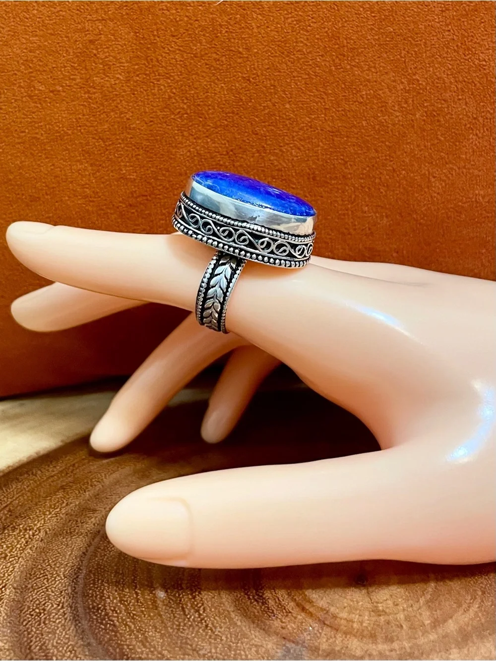 Genuine Lapis Lazuli Silver Over Stainless Steel Oval Statement Ring Unisex NWOT
